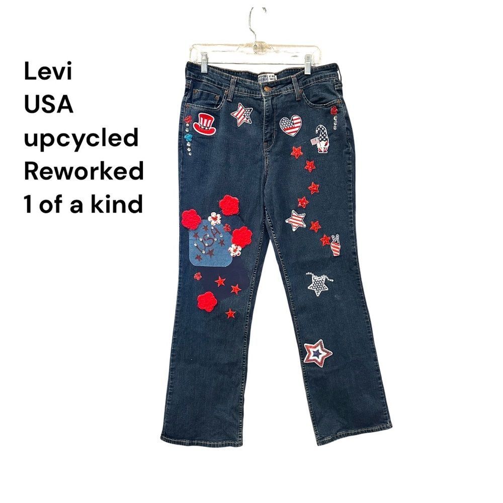 Levi Strauss Signature Blue Straight Leg Jeans  reworked upcycled USA themed